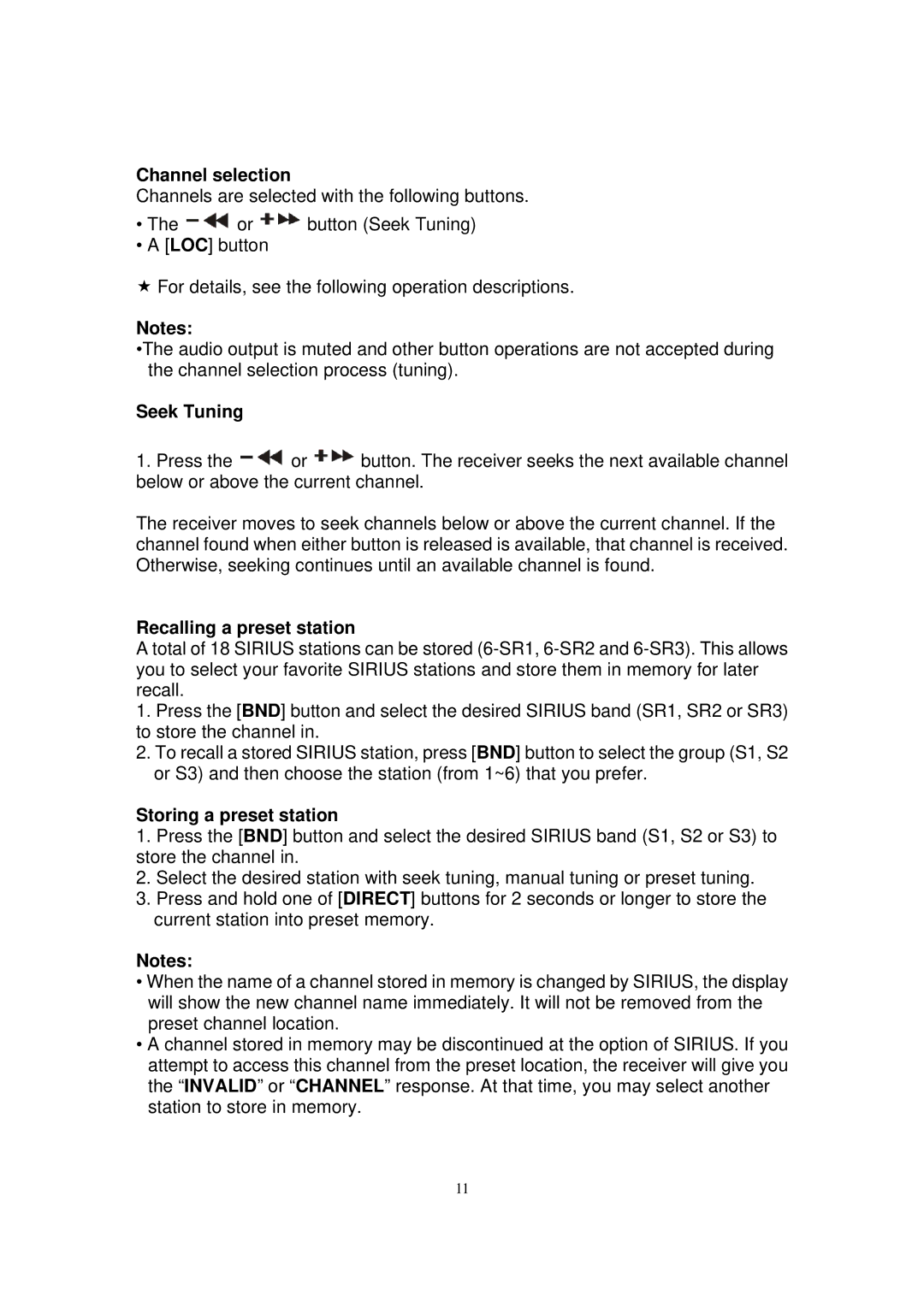 Sirius Satellite Radio ESR-T100 Channel selection, Seek Tuning, Recalling a preset station, Storing a preset station 