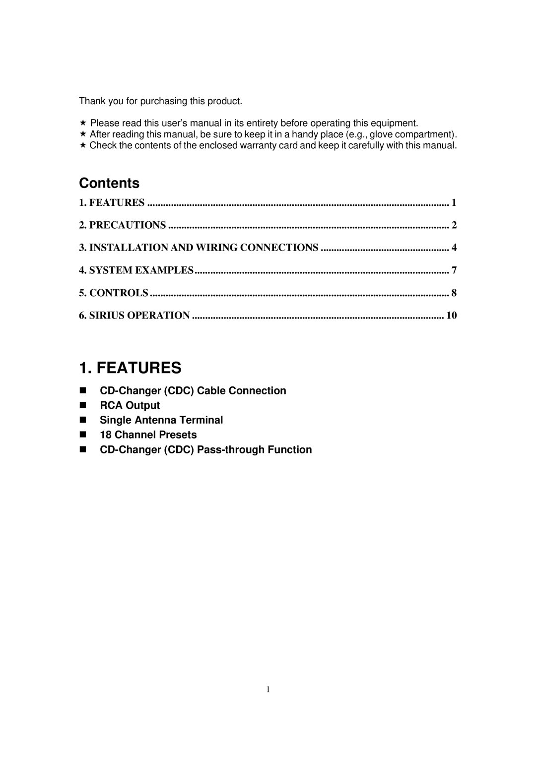 Sirius Satellite Radio ESR-T100 user manual Features, Contents 