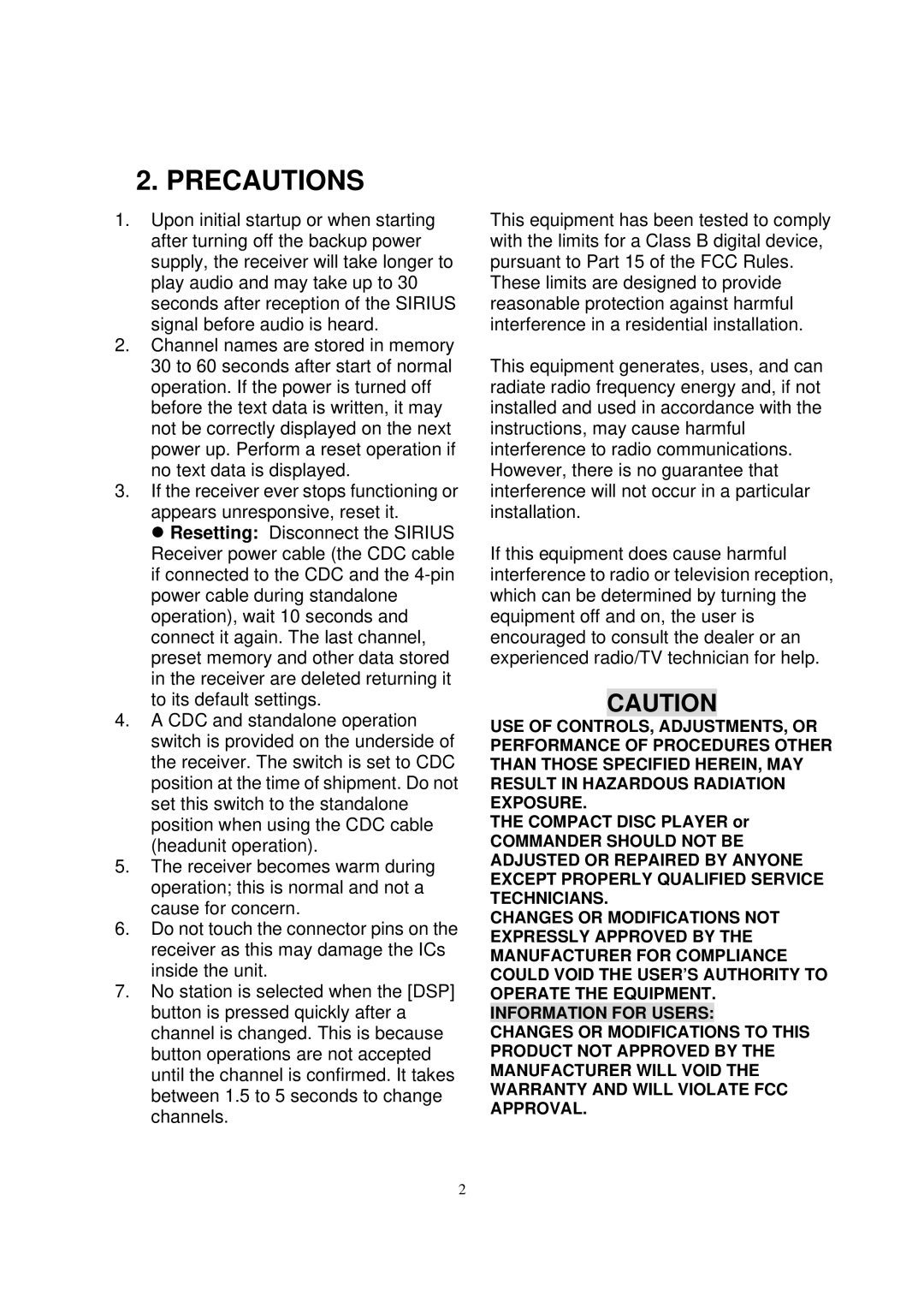 Sirius Satellite Radio ESR-T100 user manual Precautions 