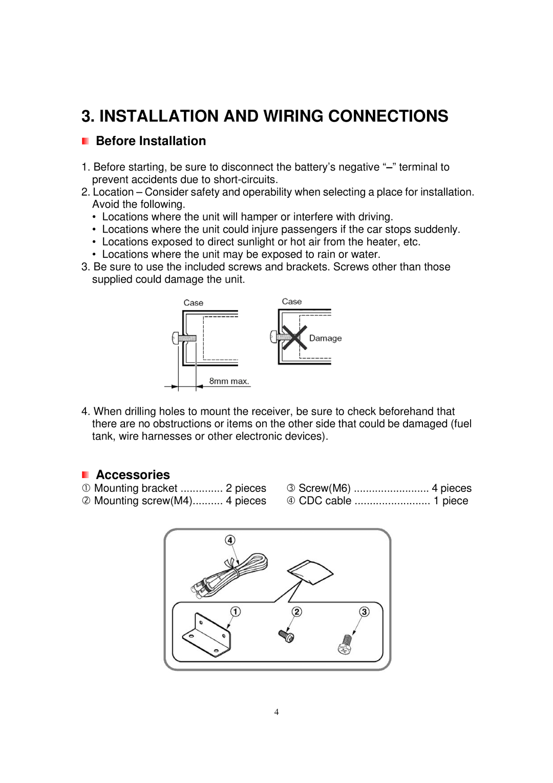 Sirius Satellite Radio ESR-T100 user manual Installation and Wiring Connections, Before Installation, Accessories 