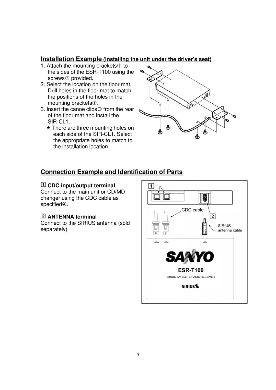 Sirius Satellite Radio ESR-T100 user manual Connection Example and Identification of Parts, Antenna terminal 