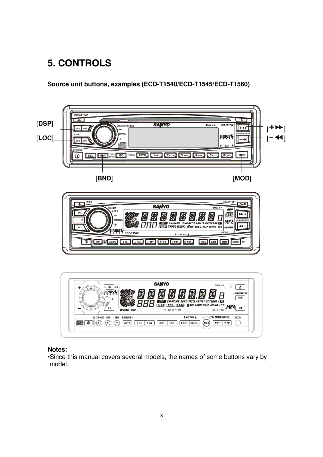 Sirius Satellite Radio ESR-T100 user manual Controls, Source unit buttons, examples ECD-T1540/ECD-T1545/ECD-T1560, Bnd Mod 