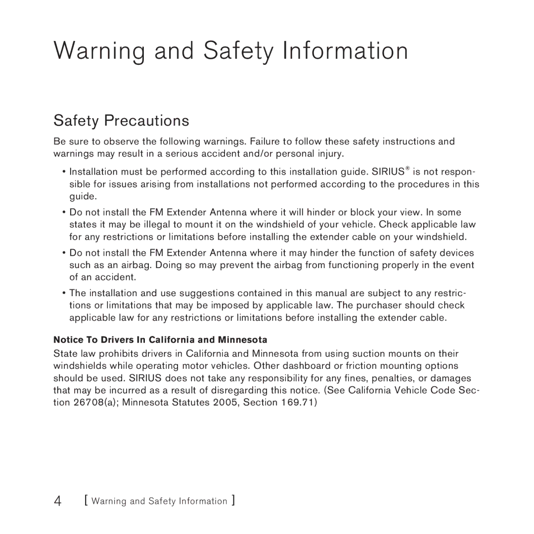 Sirius Satellite Radio FEA FM Extender Antenna manual Safety Precautions 