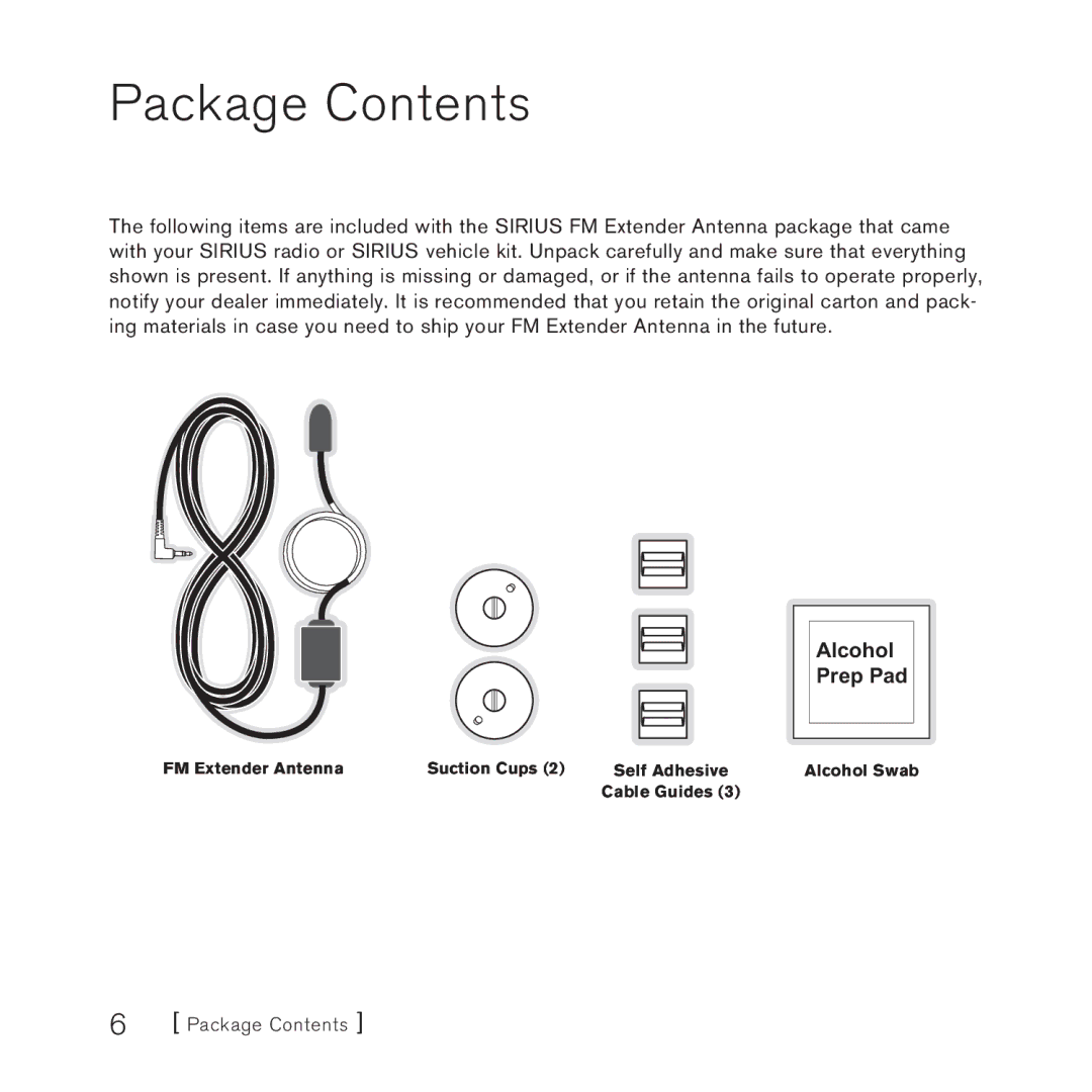 Sirius Satellite Radio FEA FM Extender Antenna manual Package Contents 