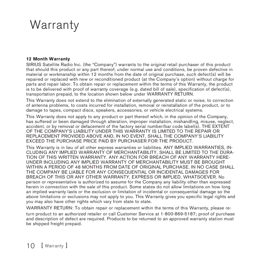 Sirius Satellite Radio FMDA25 manual Month Warranty 