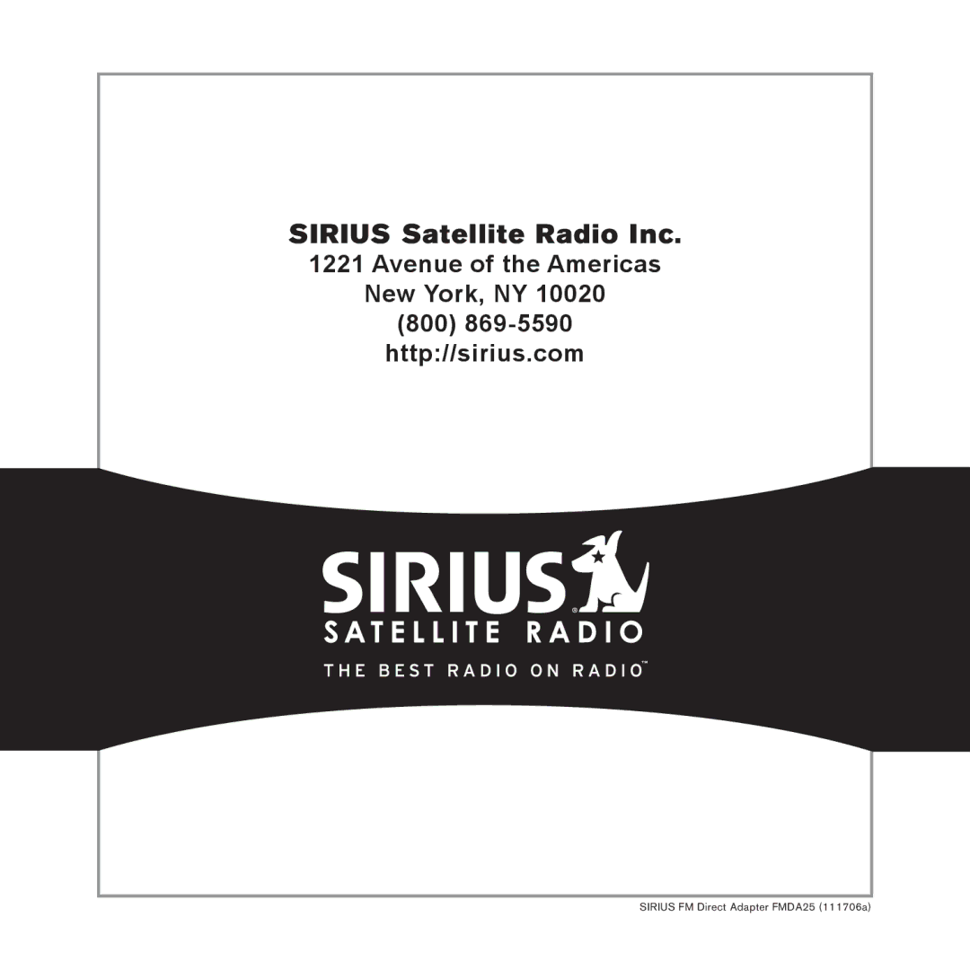 Sirius Satellite Radio FMDA25 manual Sirius Satellite Radio Inc 