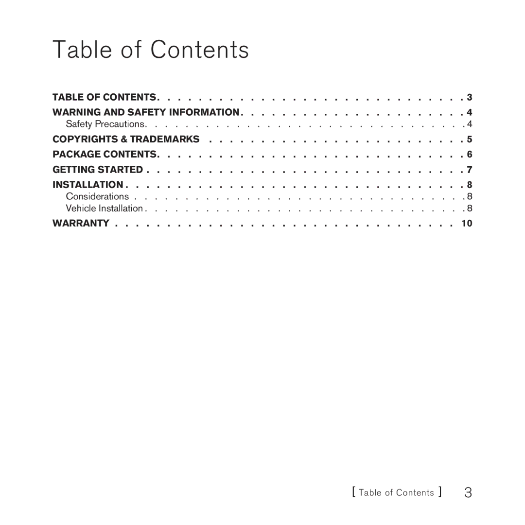 Sirius Satellite Radio FMDA25 manual Table of Contents 