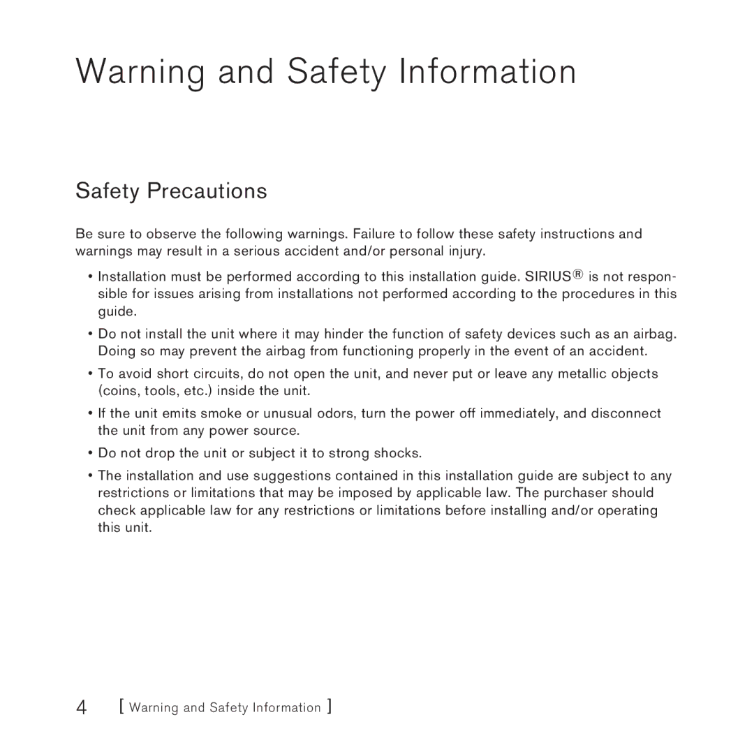 Sirius Satellite Radio FMDA25 manual Safety Precautions 