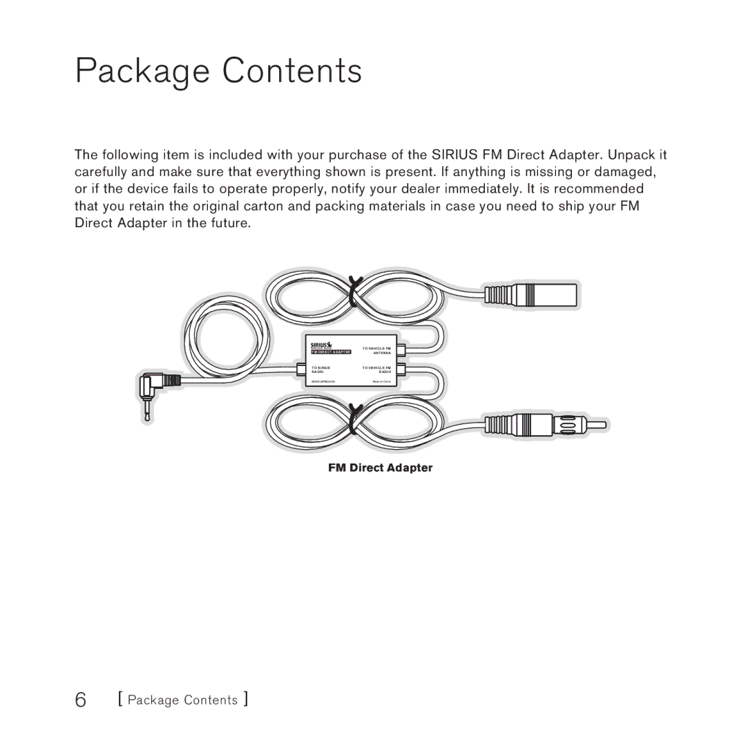 Sirius Satellite Radio FMDA25 manual Package Contents 