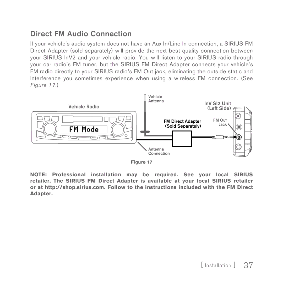 Sirius Satellite Radio INV2 manual Direct FM Audio Connection 