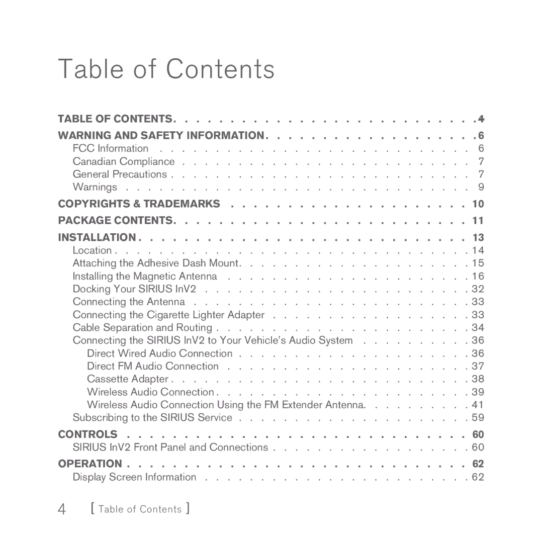 Sirius Satellite Radio INV2 manual Table of Contents 