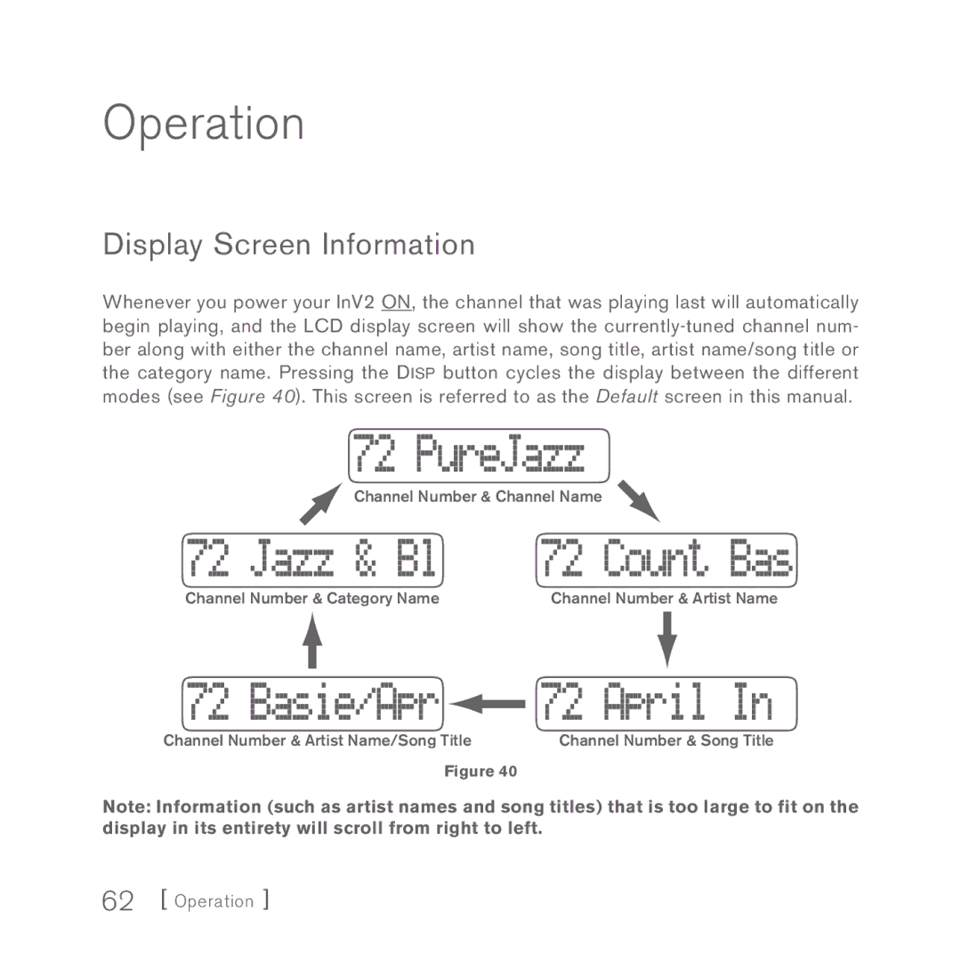 Sirius Satellite Radio INV2 manual Operation, Display Screen Information 