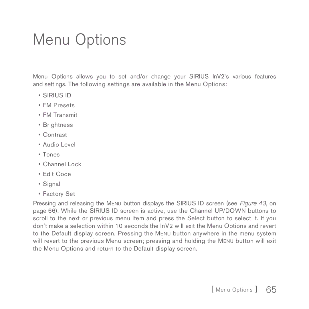 Sirius Satellite Radio INV2 manual Menu Options 