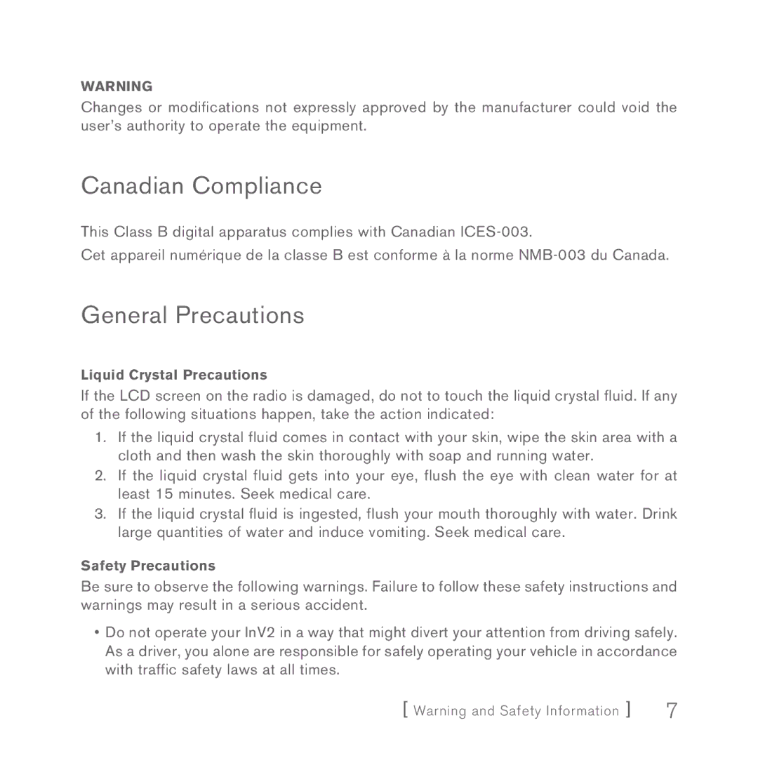 Sirius Satellite Radio INV2 manual Canadian Compliance, General Precautions 