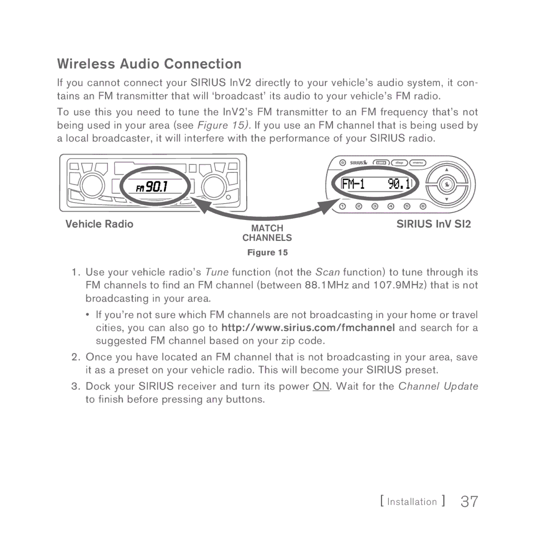 Sirius Satellite Radio INV2 manual Wireless Audio Connection 