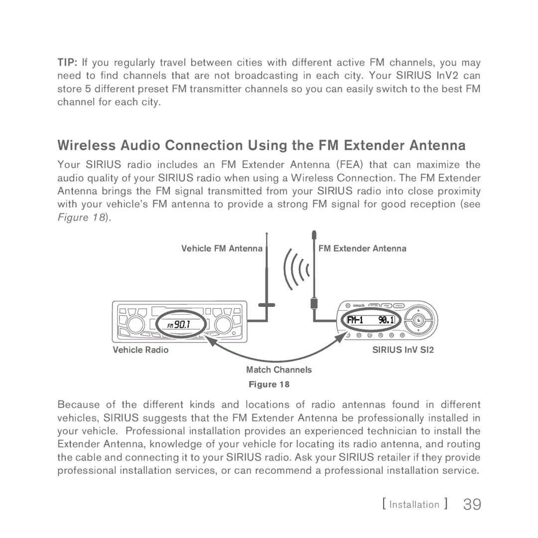 Sirius Satellite Radio INV2 manual Wireless Audio Connection Using the FM Extender Antenna 