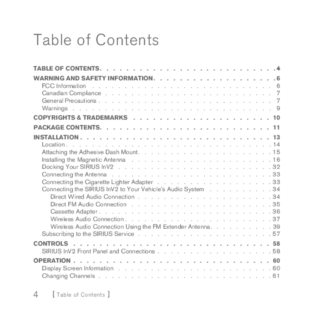 Sirius Satellite Radio INV2 manual Table of Contents 