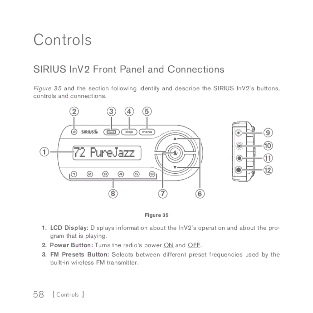 Sirius Satellite Radio INV2 manual Controls, Sirius InV2 Front Panel and Connections 