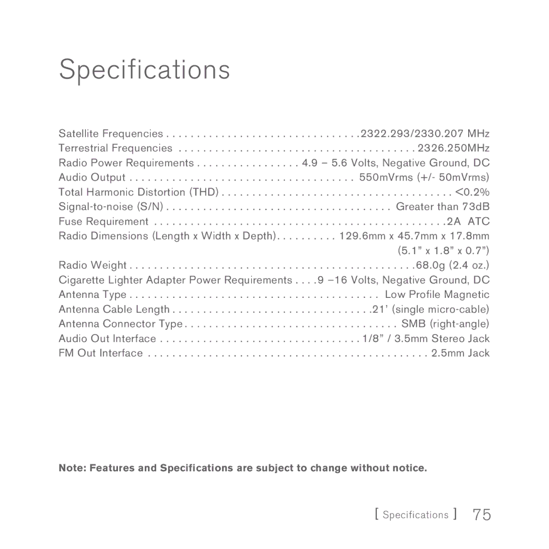 Sirius Satellite Radio INV2 manual Specifications 