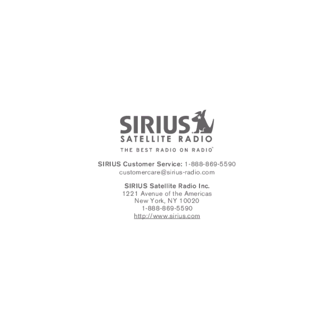 Sirius Satellite Radio INV2 manual Sirius Customer Service Customercare@sirius-radio.com 