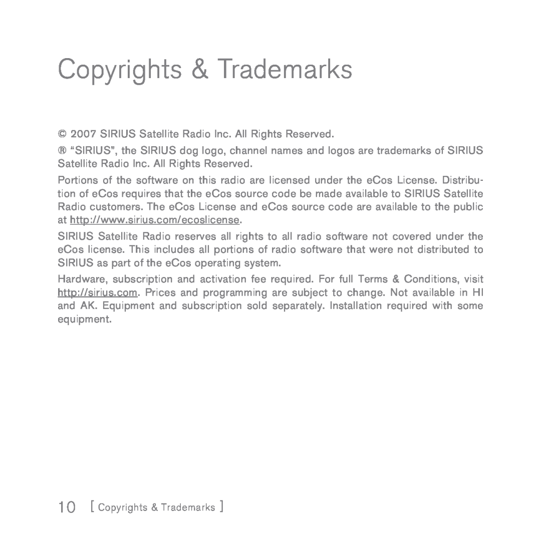 Sirius Satellite Radio INV2 manual Copyrights & Trademarks 