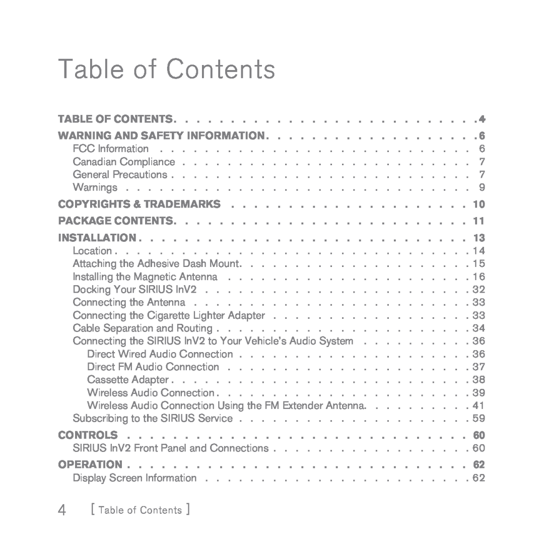 Sirius Satellite Radio INV2 manual Table of Contents 