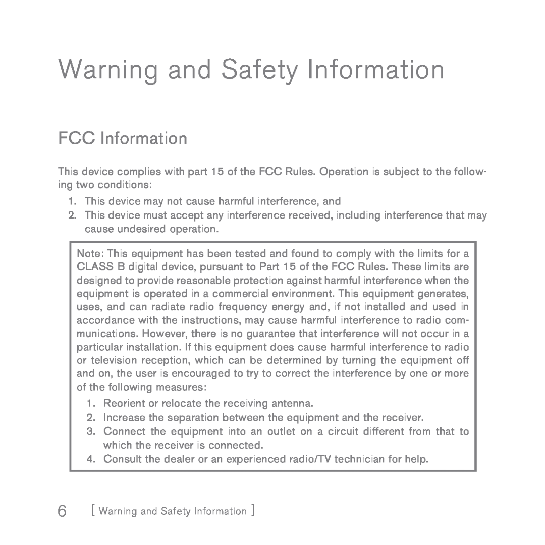 Sirius Satellite Radio INV2 manual Warning and Safety Information, FCC Information 