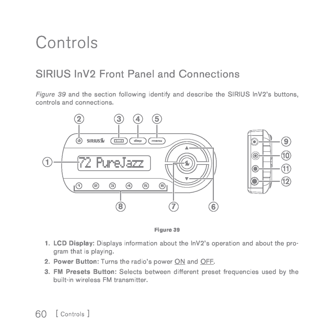 Sirius Satellite Radio INV2 manual Controls, SIRIUS InV2 Front Panel and Connections 