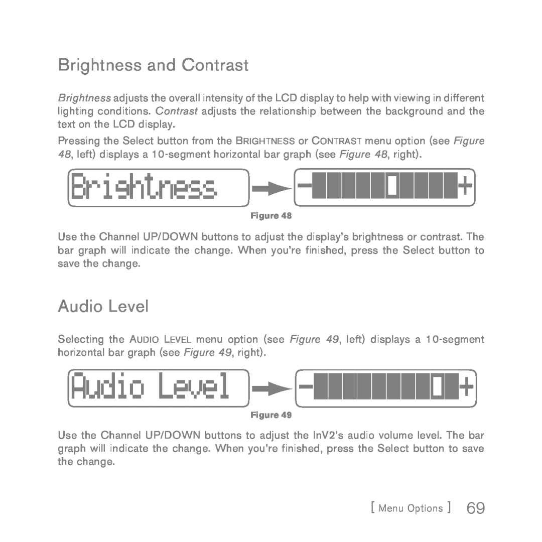 Sirius Satellite Radio INV2 manual Brightness and Contrast, Audio Level 