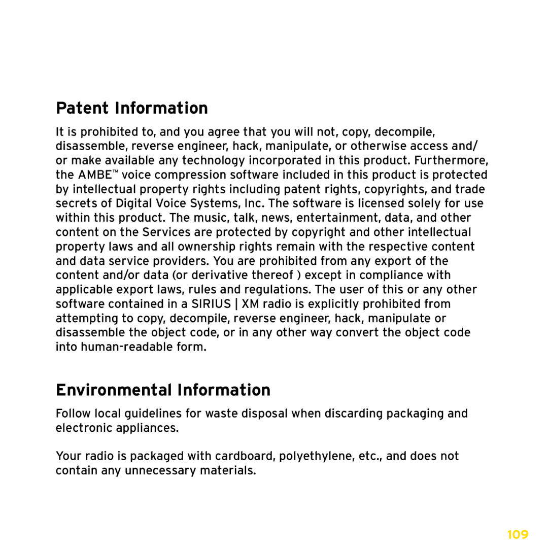 Sirius Satellite Radio ISP2000 manual Patent and Environmental Information, Patent Information 