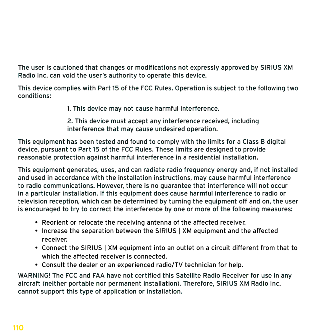 Sirius Satellite Radio ISP2000 manual FCC Statement 