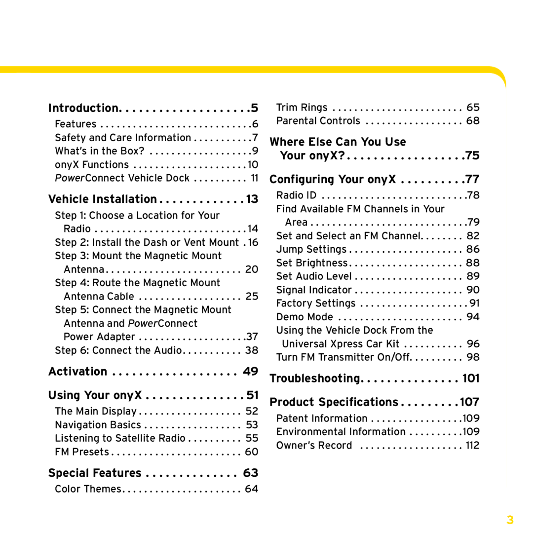 Sirius Satellite Radio ISP2000 manual Table of Contents 