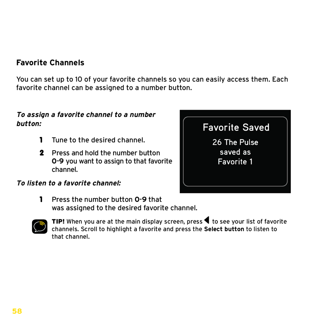 Sirius Satellite Radio ISP2000 manual Favorite Saved, Favorite Channels, To assign a favorite channel to a number button 