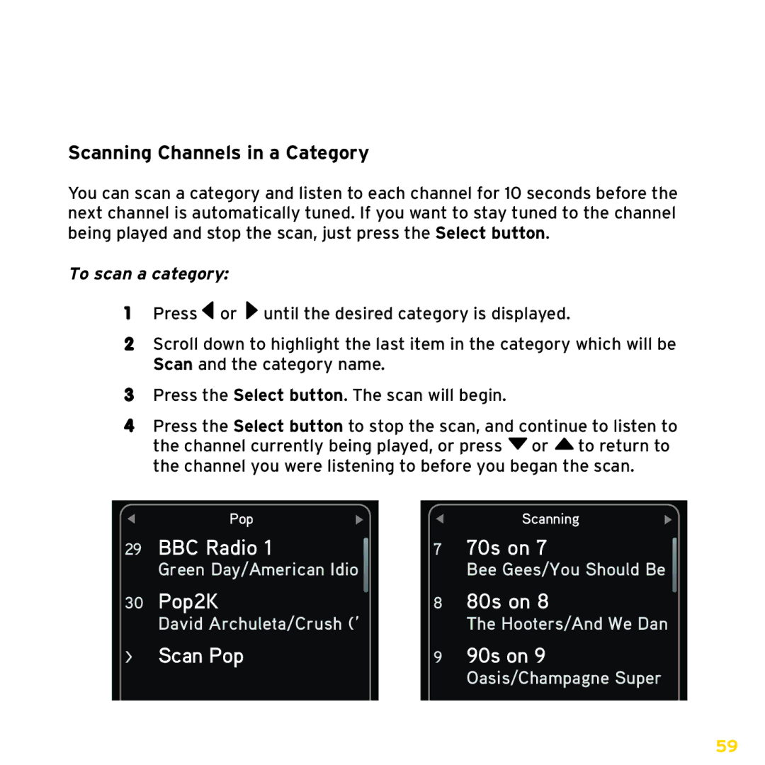 Sirius Satellite Radio ISP2000 manual Scanning Channels in a Category, To scan a category 