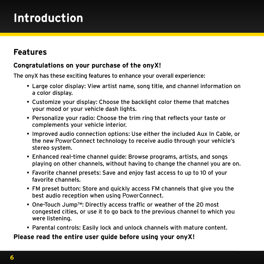 Sirius Satellite Radio ISP2000 manual Introduction, Features, Congratulations on your purchase of the onyX 