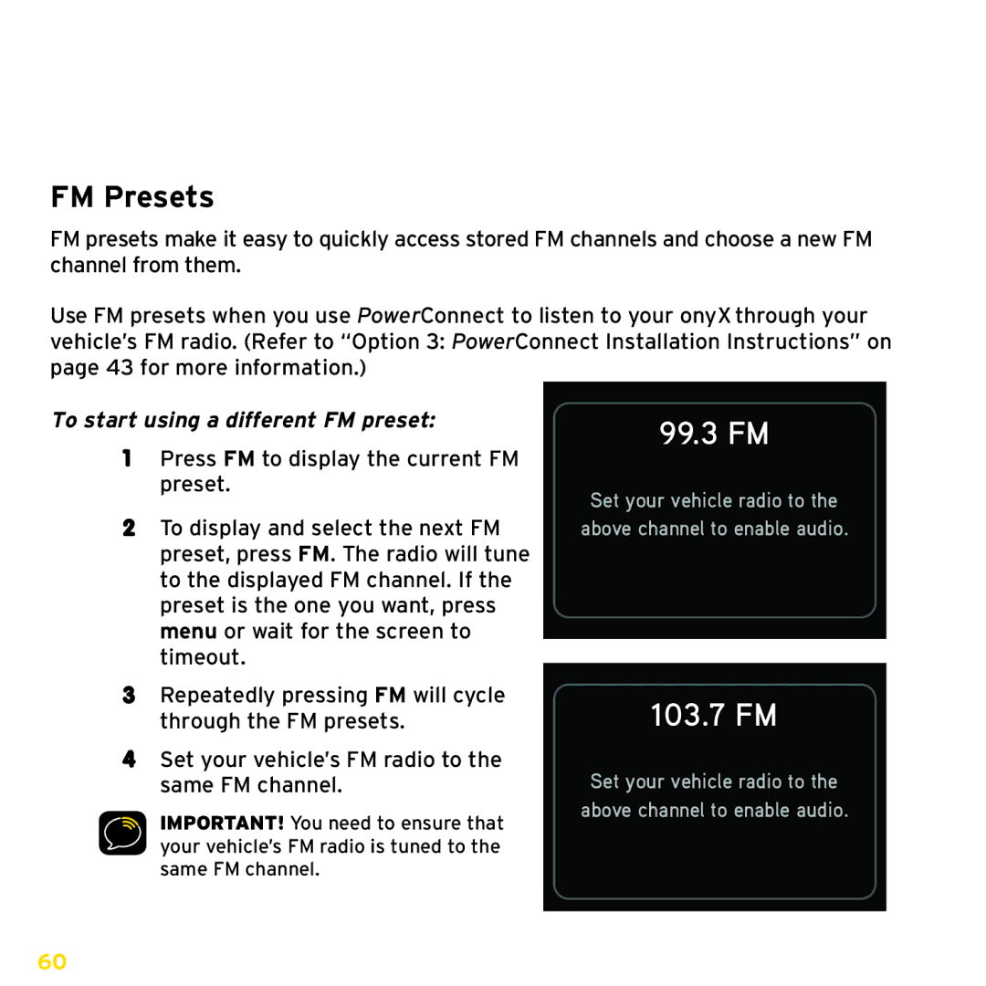 Sirius Satellite Radio ISP2000 manual FM Presets, 103.7 FM, To start using a different FM preset 