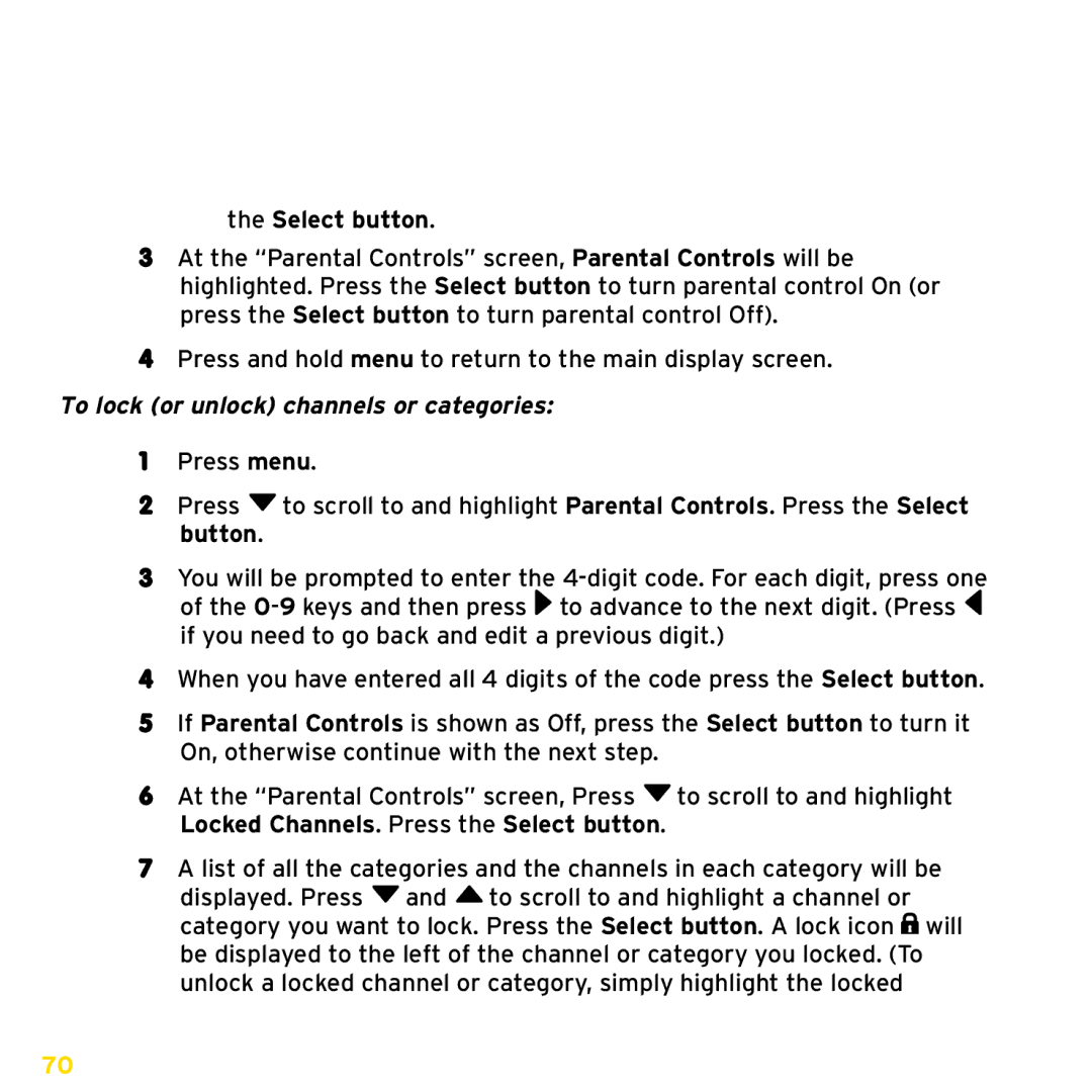 Sirius Satellite Radio ISP2000 manual Select button, To lock or unlock channels or categories 