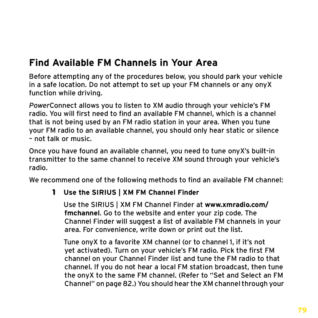 Sirius Satellite Radio ISP2000 manual Find Available FM Channels in Your Area, Use the Sirius XM FM Channel Finder 