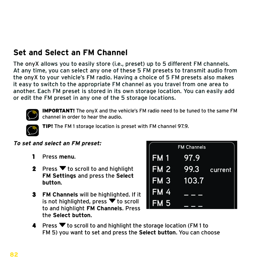 Sirius Satellite Radio ISP2000 manual Set and Select an FM Channel, 97.9, 103.7, To set and select an FM preset 