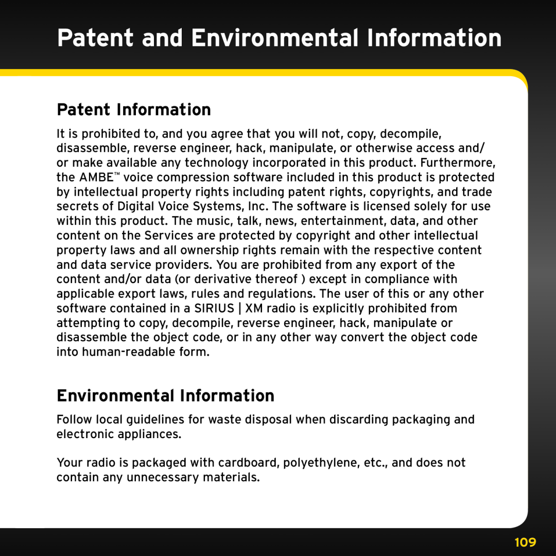 Sirius Satellite Radio ISP2000 manual Patent and Environmental Information, Patent Information 
