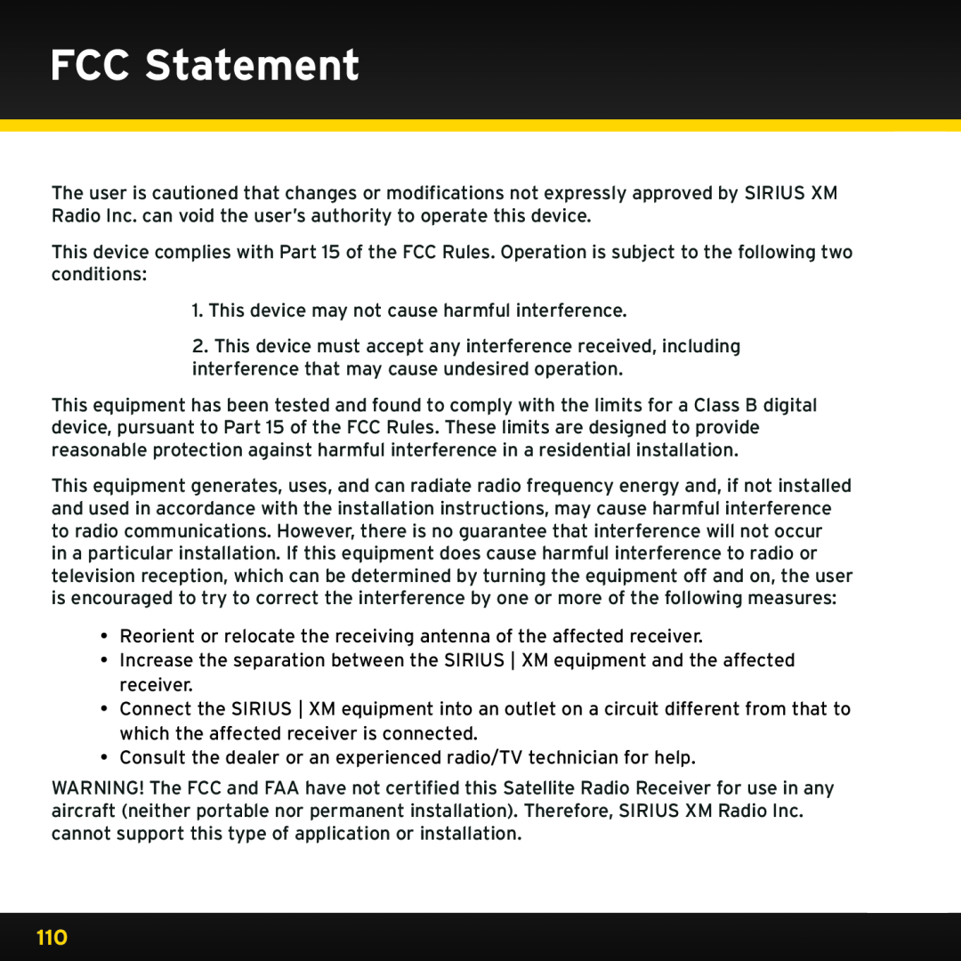 Sirius Satellite Radio ISP2000 manual FCC Statement 