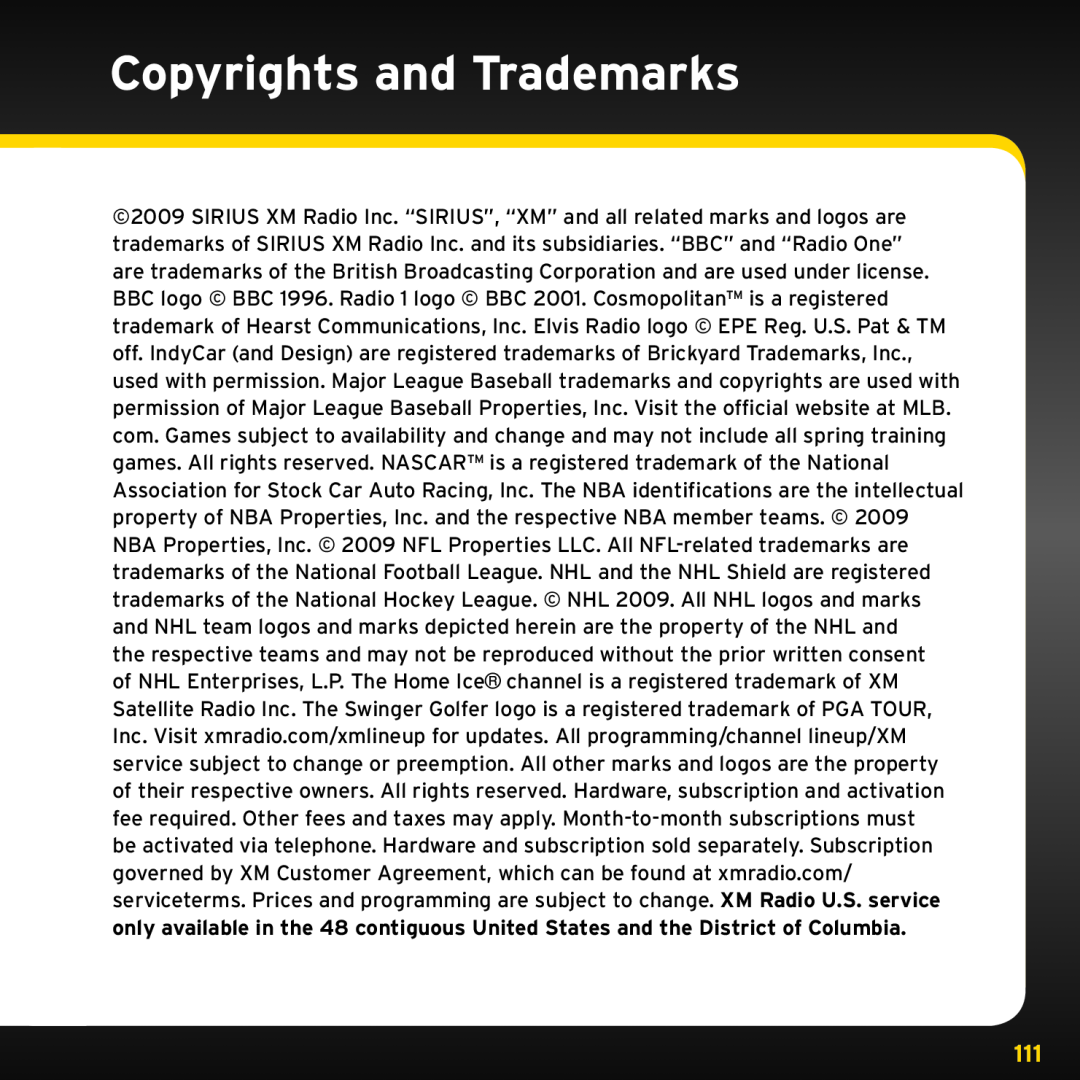 Sirius Satellite Radio ISP2000 manual Copyrights and Trademarks 