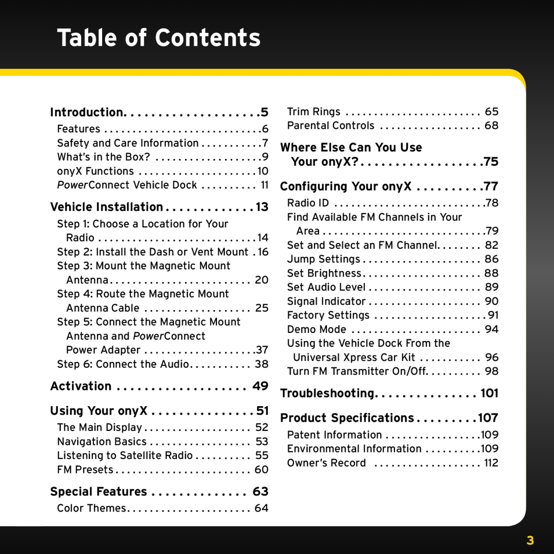 Sirius Satellite Radio ISP2000 manual Table of Contents 