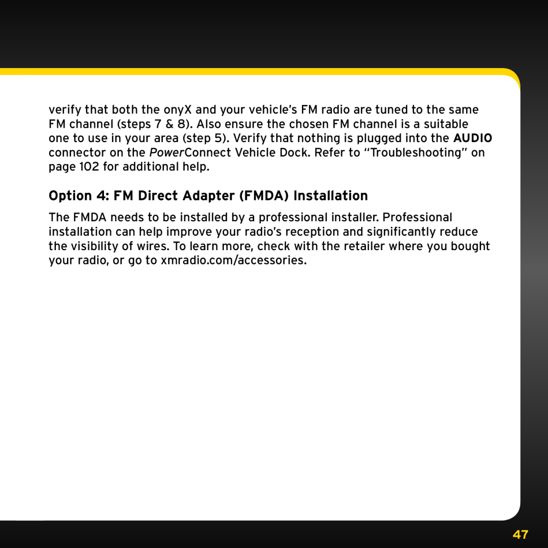 Sirius Satellite Radio ISP2000 manual Option 4: FM Direct Adapter FMDA Installation 