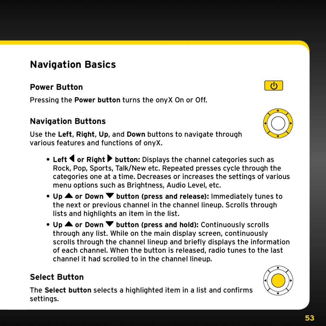 Sirius Satellite Radio ISP2000 manual Navigation Basics, Power Button, Navigation Buttons, Select Button 