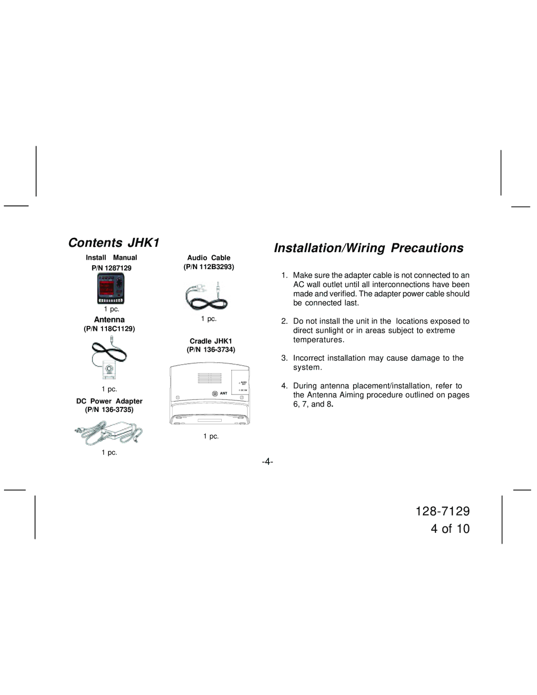 Sirius Satellite Radio manual Contents JHK1, Installation/Wiring Precautions 