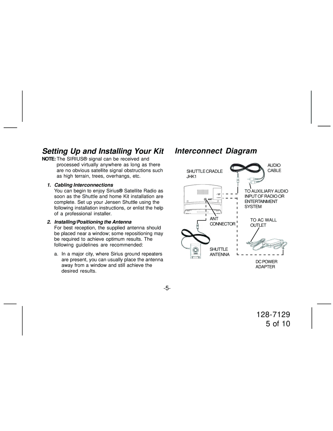 Sirius Satellite Radio JHK1 manual Setting Up and Installing Your Kit Interconnect Diagram, Cabling Interconnections 