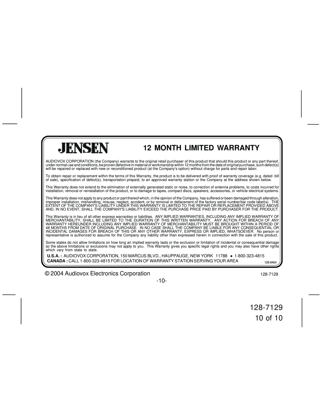 Sirius Satellite Radio JHK1 manual 128-7129 10 of, Month Limited Warranty 