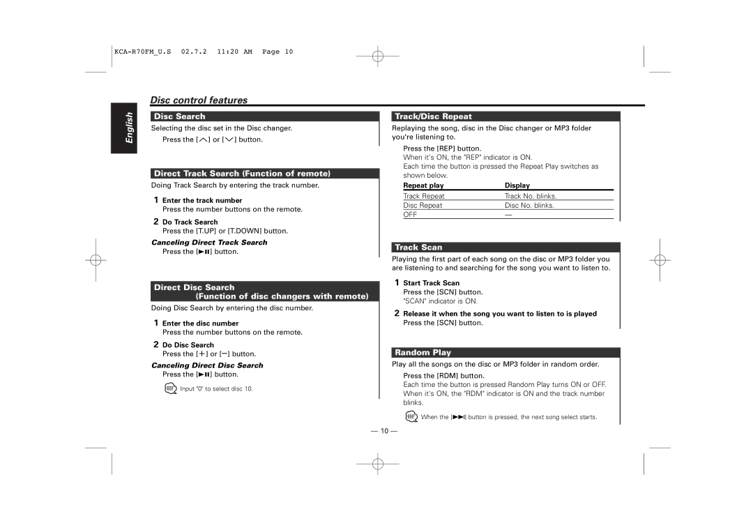 Sirius Satellite Radio KCA-R70FM Disc Search, Direct Track Search Function of remote, Track/Disc Repeat, Track Scan 