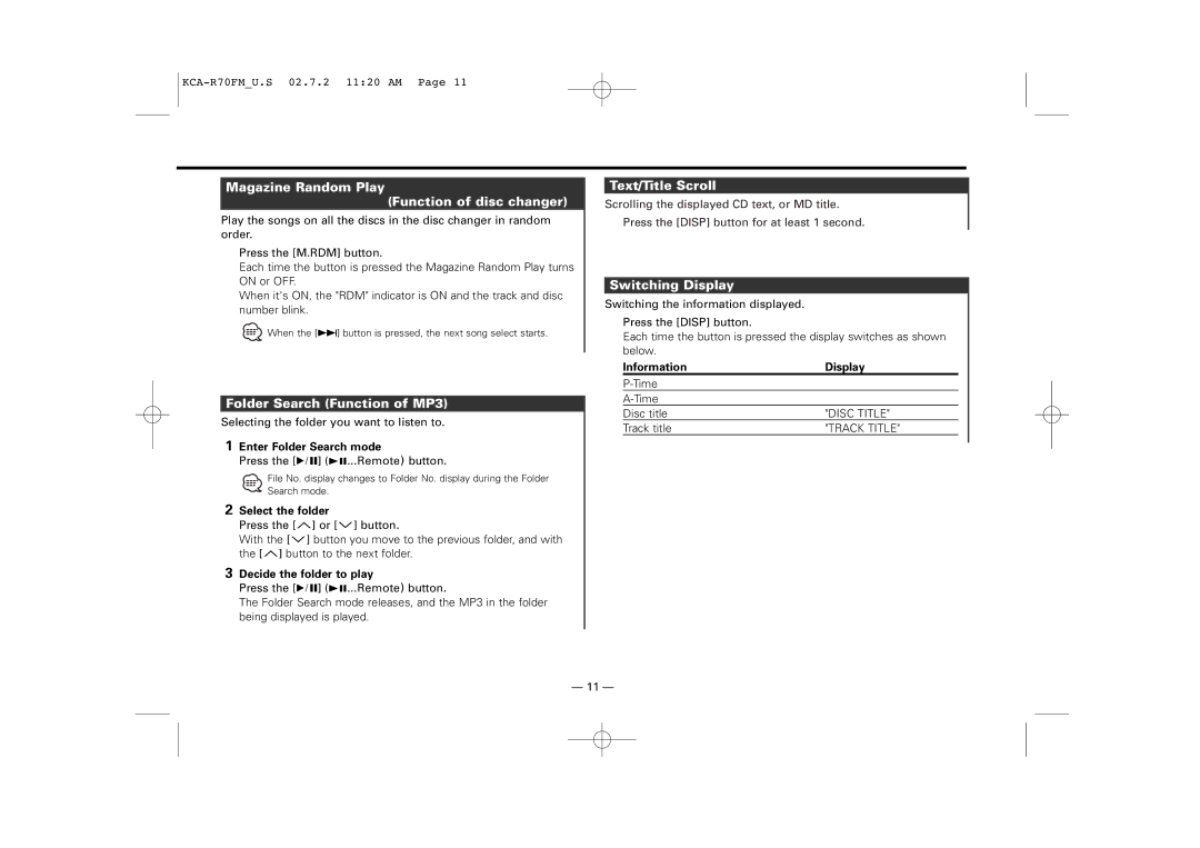 Sirius Satellite Radio KCA-R70FM Magazine Random Play Function of disc changer, Folder Search Function of MP3 